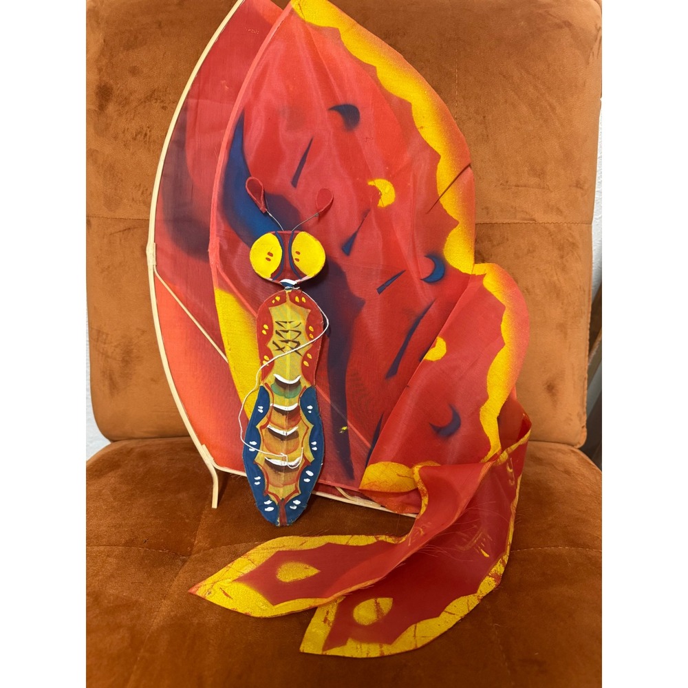 Handmade Chinese Silk Bamboo Butterfly Kite Red Yellow Blue Folk Art Decorative